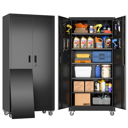 Metal Garage Storage Cabinet with Wheels & Pegboard Doors – 71in H x 34in W x 18in D, Black