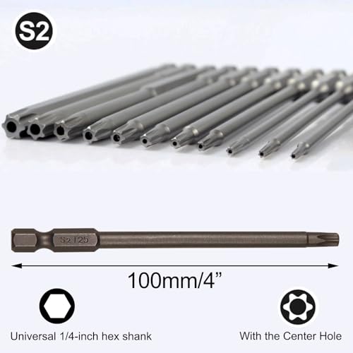 11Pcs Security Torx Bit Set Tamper Proof Torx Bits Magnetic Star Screwdriver Bits Set S2 Steel 1/4 Hex Shank Torque Security Bits T6-T40, 4 Inch Length for Deeper Work