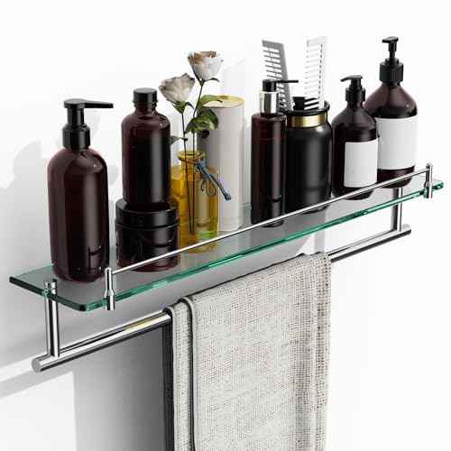 24-Inch Floating Tempered Glass Bathroom Shelf with Towel Bar - Chrome Polished & Stainless Steel, Wall Mount
