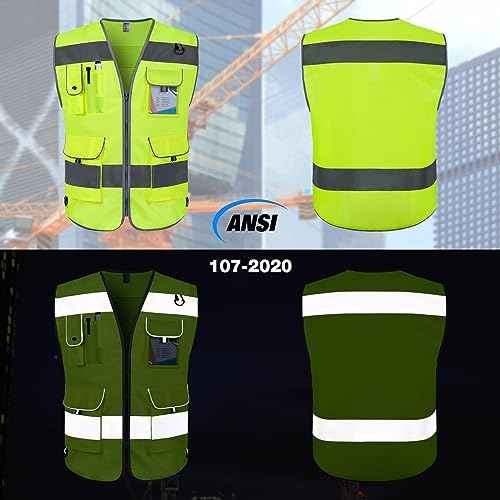 TCCFCCT Safety Vest for Men Women 9 Pockets High Visibility Vest for Safety, Reflective Work Vest with Reflective Strips, Meets ANSI/ISEA Standards, (Yellow, Large)