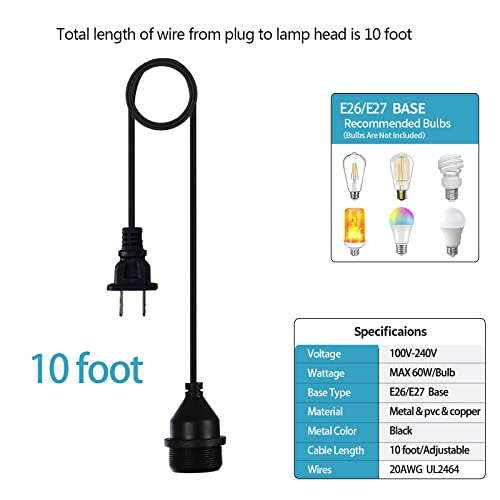 10FT Waterproof Outdoor Electric Light Socket with Wire - E26/E27 Plug, Heavy Duty, IP65