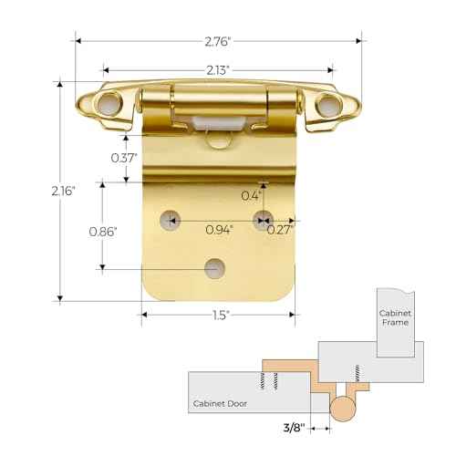 50 Pack (25 Pairs) 3/8 Inch Insert Kitchen Cabinet Hinges, Satin Brass Self Closing Hinges for Kitchen Cabinet Doors, Semi-Concealed Cupboard Hardware, Face Mount Hardware, Gold