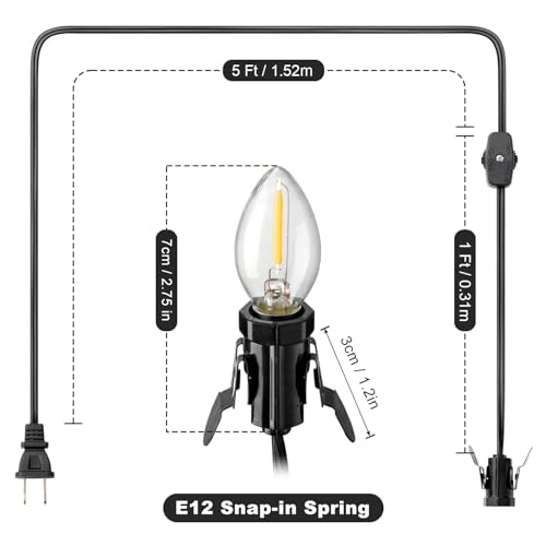 SIXZOONM Black 6FT C7 LED Accessory Cord with Candelabra E12 Socket & Switch