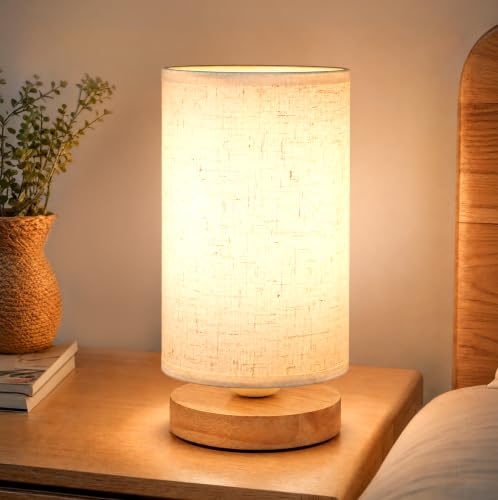 SEENSINY Small Bedside Table Lamp with Wood Base, Round Set of 1, Warm White, E26 LED Bulb Included