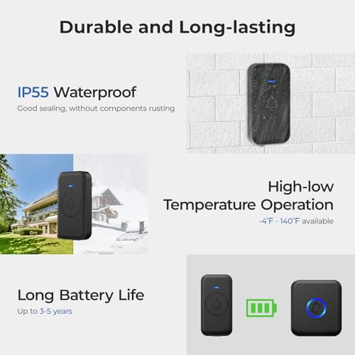Wireless Doorbell with 1000ft Range - Waterproof, 60 Melodies, 1 Receiver & 1 Button, Black