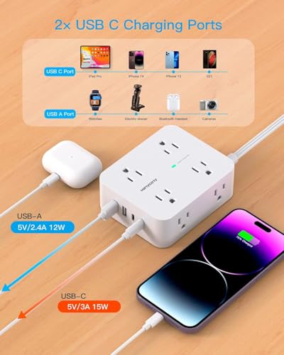 HANYCONY 5Ft Flat Surge Protector Power Strip with 12 Outlets & USB-C Ports