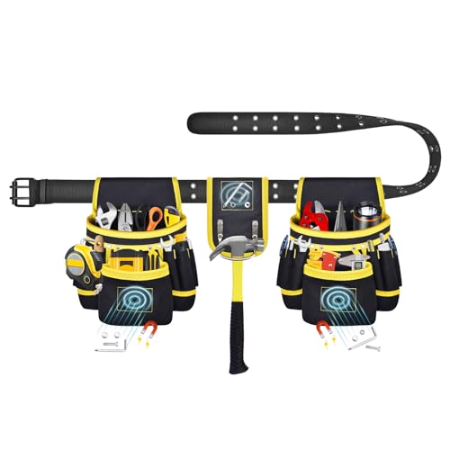 Tool Belt, Magnetic Tool Pouch with 26 Pockets for Men Heavy Duty Tool Pouch Bag, Detachable Tool Bags for Carpenter Electrician Construction (26 Pockets with Magnet Pouch)