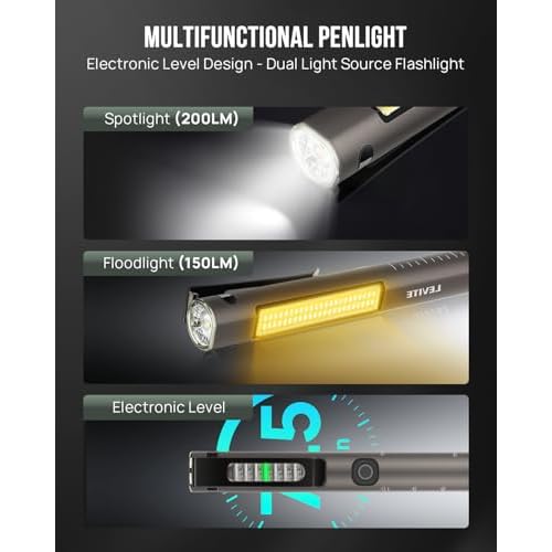 SCOUTLITE Levite EDC Work Pen Light with Electronic Level, Dual-Beam LED Flashlight 200 Lumens, Rechargeable, IPX6 Waterproof, Aluminum Measurement Tool