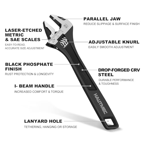 HAUTMEC 6 inch Adjustable Wrench Extra Wide Jaw Black Finish Adjustable Wrenches Drop-Forged CR-V Steel Metric & SAE Scales for Home Garage Workshop DIY