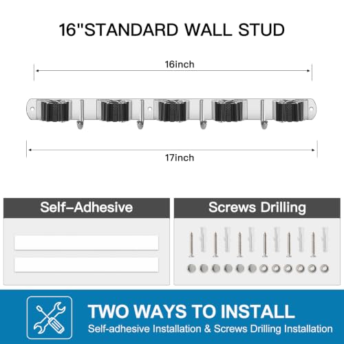 IMILLET 2 Pack Stainless Steel Wall Mount Broom & Mop Organizer with 5 Racks & Hooks