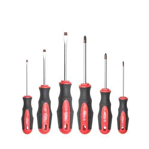 ROTATION 6PCS Magnetic Tip Screwdriver Set, 3 Phillips and 3 Flat, Red Tip | Red, Gloss, S2 Steel)