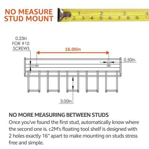 C2M Heavy Duty Floating Tool Shelf & Organizer | Wall Mounted Garage Storage Rack for Handheld & Power Tools | USA Made, 100# Weight Limit, Compact Steel Design | Perfect for Father's Day | Black