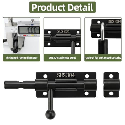 Alise 4 Inch Black Sliding Door Lock - Heavy Duty Stainless Steel Security Latch