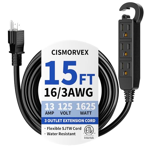 Cismorvex 15Ft Black 3-Prong Outdoor Extension Cord with Multiple Outlets