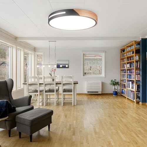 Wood Ceiling Light Flush Mount LED 36W, 16 inch Flush Mount Black, Kitchen Light Fixtures Ceiling Mount, Dimmable Close to Ceiling Light for Bedroom, Living Room, Bathroom