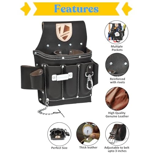 Heavy-Duty Full Grain Leather Tool Belt for Electricians ? Multi-Pouch Construction Work Gear with Key Clip, Durable Carpenter Utility Belt for Men (Style 2, Standard)