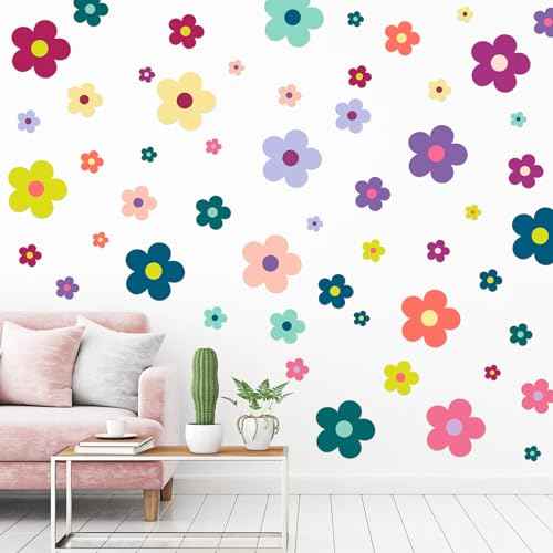 TaoBary 288 Pcs Y2k Cute Flowers Wall Sticker Colorful Floral Wall Decal Vinyl Peel and Stick Preppy Hippie Stickers Aesthetic Flowers Decor for Nursery Bedroom(9.1 x 11.4 Inch,Purple Series)