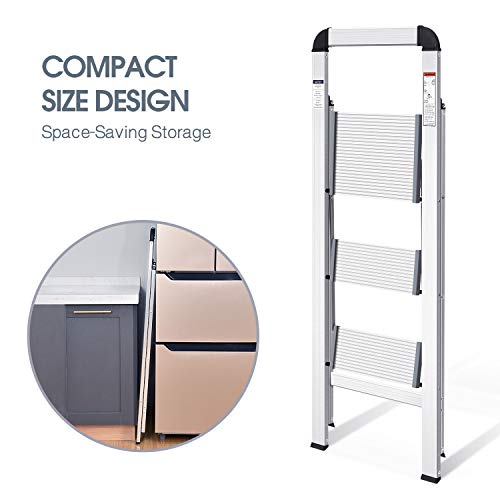 KINGRACK 3-Step Aluminium Ladder with Handrail - Lightweight Foldable Step Stool for Kitchen, Garage, Home, Silver