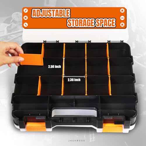 Tool Box with Transparent Lid, Double Side 34-Compartments Organizer Box with Removable Dividers for Hardware, Screws, Bolts, Nails, Beads, Jewelry and Fishing Accessories, Orange, 2 Pack