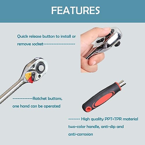 1/4" Ratchet Socket Wrench Set,12 Pieces Drive Sockets Set with Quick Released Ratchet Handles and Extension Bar