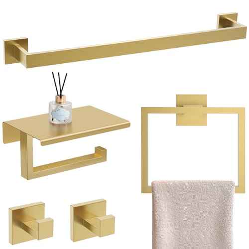 YACVCL Brushed Gold Bathroom Hardware Accessorie Set 23.6 Inch Towel Bar Set 5-Pieces Towel Rack&Holder Set for Bathroom,Upgraded Toilet Paper Holder with Shelf,Stainless Steel Wall-Mounted