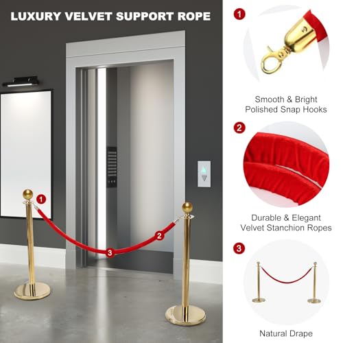 4pcs Velvet Stanchion Rope, 5 Feet Red Velvet Rope Crowd Control Barrier with Gold Plated Clasp for Carpet, Queue Safety Barriers for Party Decorations, Hotels, Theaters, Grand Openings