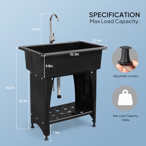 ROVSUN 20-Gallon Black Utility Sink with Hot & Cold Faucets, 36.2" Height, 32"L×23"W, Heavy-Duty Laundry & Garage Basin