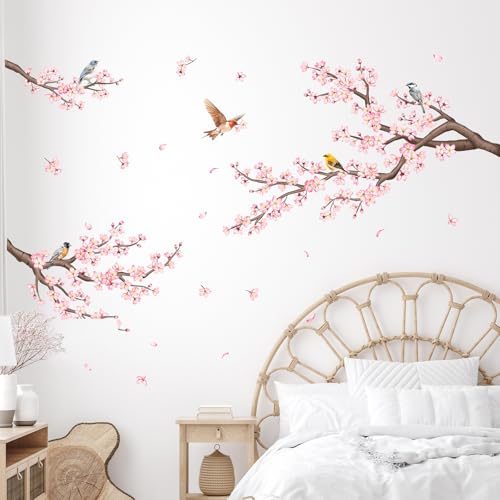 Pink Cherry Blossom Branch Wall Decals, Flowers Birds Wall Stickers Vinyl Peel and Stick Wall Decal Self Adhesive Wall Art Sticker for Aisle Bedroom Offices Sofa TV Backdrop Wall Home Decor
