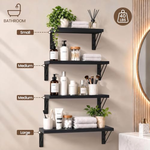 BAYKA Black Floating Wall Shelves Set of 4 - 16-Inch Wall-Mounted Shelving with Black Brackets & Boards, Rustic Design