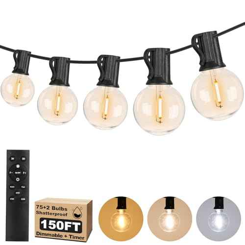 150FT LED Outdoor String Lights with 3 Color Lights, Dimmable String Lights for Outside with Remote, G40 Globe Waterproof Patio Lights with 75+2 Shatterproof Bulbs for Party Backyard BBQ House Camping
