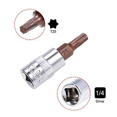 uxcell 3pcs 1/4" Drive x T25 Torx Bit Socket, S2 Steel Bits CR-V Sockets 38mm Length Use with Ratchet Wrench, Slide Bar, Extension Rod