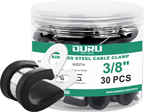 OURU 30pcs 3/8 Inch Stainless Steel Cable Clamps with Rubber Cushion, Insulated Wire & Pipe Support Kit