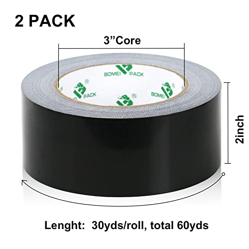 BOMEI PACK Heavy Duty Waterproof Black Duct Tape 2 In x 30 Yards, Strong & Flexible