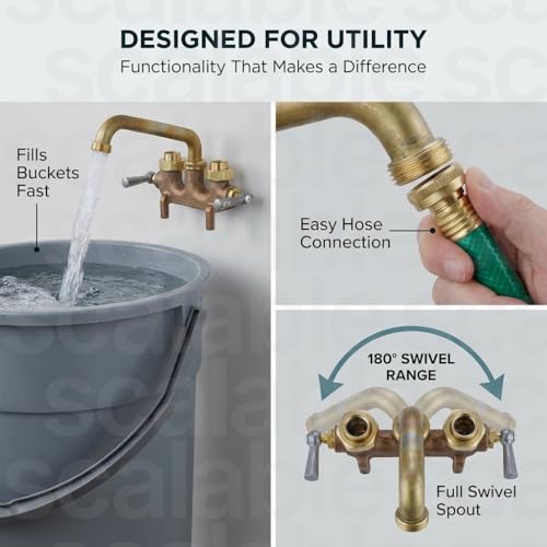 Heavy Duty Wall-Mounted Laundry Faucet with Swivel Spout - Rough Brass Finish, 6" Reach