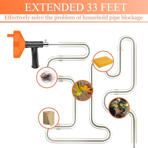 Launary 33 Feet Drain Snake Auger - Heavy Duty Plumbing Clog Remover Tool