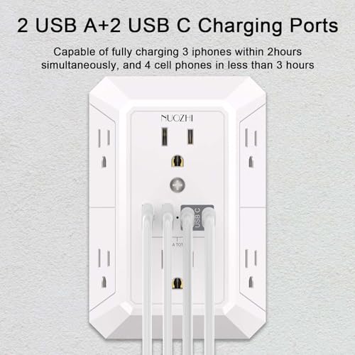 NUOZHI White 6 Outlets Surge Protector Power Strip with 4 USB Ports and Wall Mount