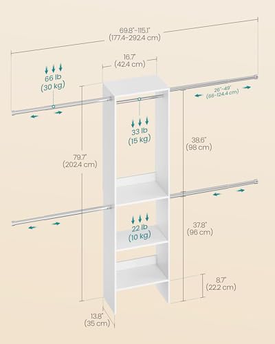 SONGMICS Customizable Walk-In Closet System 4-9.6 FT Modern Organizer