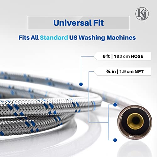 K&J 6ft Stainless Steel Burst-Proof Washing Machine Hoses 2-Pack – Hot & Cold Water Supply