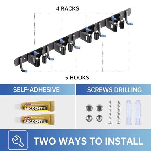 ZONGOOL 2 Pack Wall Mount Mop & Broom Holder with 4 Racks 5 Hooks, Rust-Resistant Stainless Steel, Black