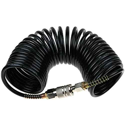 25ft Air Compressor Hose with Bend Restrictor and 1/4 Quick Coupler - Coiled Flexible Air Hose with Solid Copper Connectors