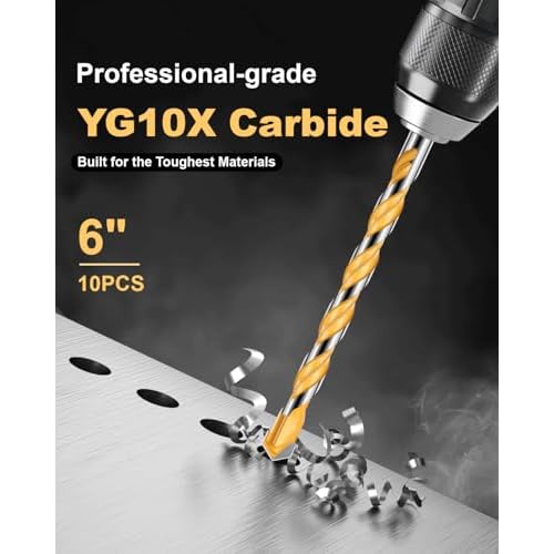 10PCS 6-Inch YG10X Carbide Concrete Masonry Drill Bits, Shockproof Hex Shank - Deep Drilling for Glass/Brick/Cement/Tile, 5/32"-1/2", High-Speed Heavy-Duty