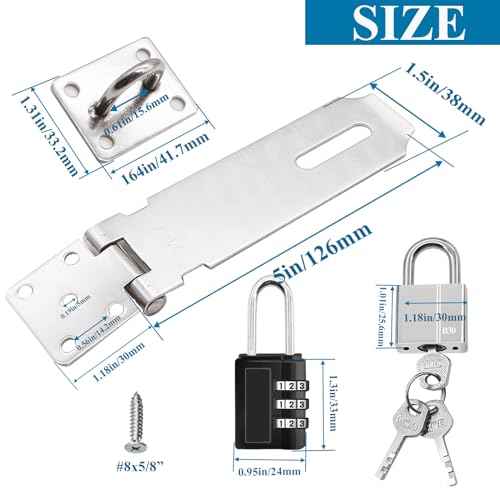 5 Inch Door Locks Hasp Latch 2 Pack,304 Stainless Steel Safety Padlock Clasp Hasp Lock Latch with Combo Lock & Padlock,Heavy Duty Gate Latch Lock with Screws
