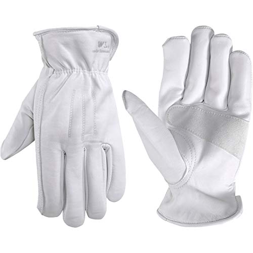 Wells Lamont Men¡¯s Full Leather Goatskin Work Gloves, Reinforced Palm Patch with Elastic Wrist, Soft Grain Leather for Durability, Comfort, and Dexterity