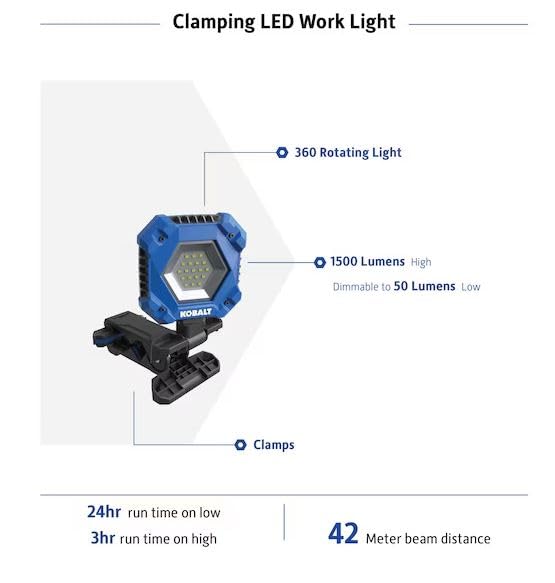 K.balt1500 -Lumens LED Battery-Operated Rechargeable Clamped Work Light