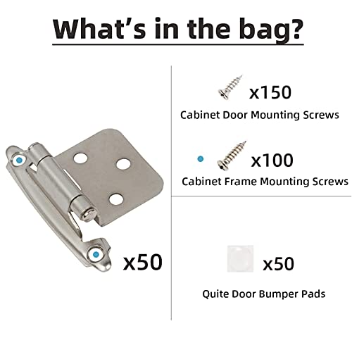DecoBasics Brushed Nickel Self-Closing Cabinet Hinges 50 Pairs - 1/2" Overlay