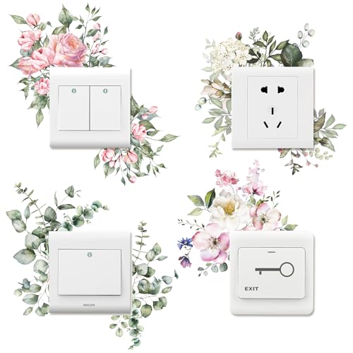 4 PCS Removable Fresh Plants Flower Switch Stickers Peony Rose Leaf Light Switch Decal Socket Decor Light Switch Cover for Kids Girls Bedroom Living Room Nursery Bathroom (A)