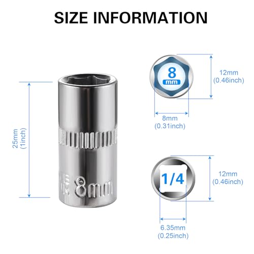 [12pcs] Durable 8mm Socket, 1/4 socket set,Shallow Socket 1/4 Inch Drive 8mm 6 Point, CORROSION RESISTANCE