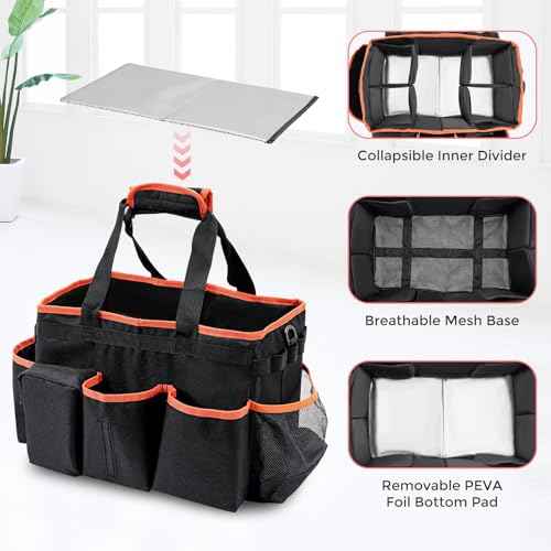 ProCase Cleaning Caddy Bag for Housekeepers, Foldable Cleaning Supply Bag with 5 Compartments, Wearable Detailing Organizer Tote with Handles and Shoulder Strap -Orange