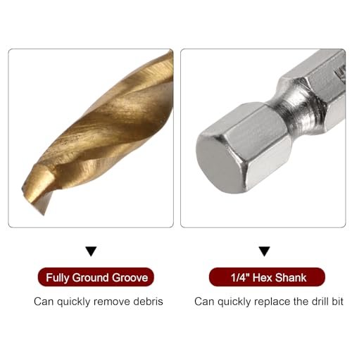 HARFINGTON 12pcs 7/64" Hex Shank Drill Bits 1/4" Titanium Drill Bits Set M35 High Speed Steel Twist Drill Bit 85mm Long Fully Ground for Wood, Stainless Steel, Metal, Plastic Plastic
