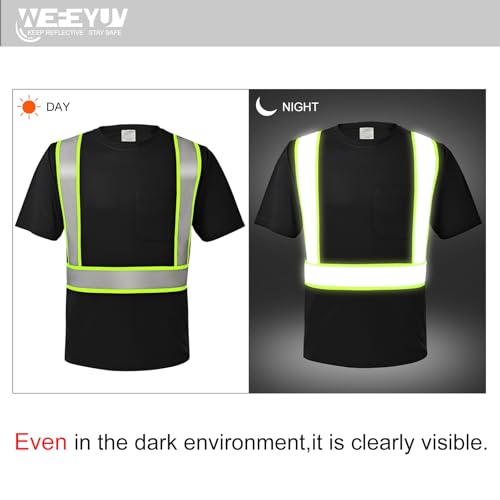 wefeyuv 3PCS-High Visibility Shirts Quick Dry Safety T Shirts with Pocket and 3 Reflective Strips Short Sleeve Mesh Hi Vis Construction Work Class 2 Shirt for Men/Women, Black L